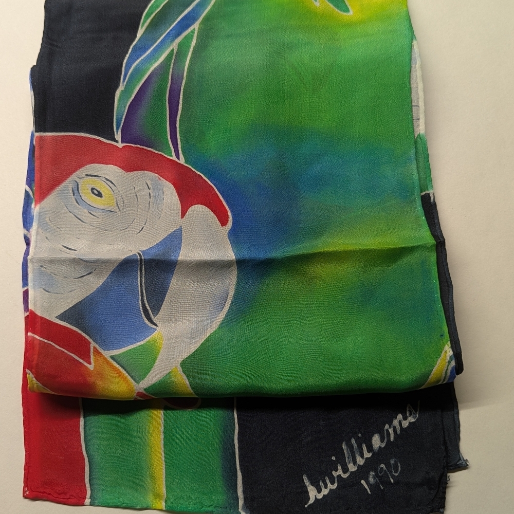 Vintage Parrot Silk Scarf Signed By Artist Vibrant Colors 8"X50"